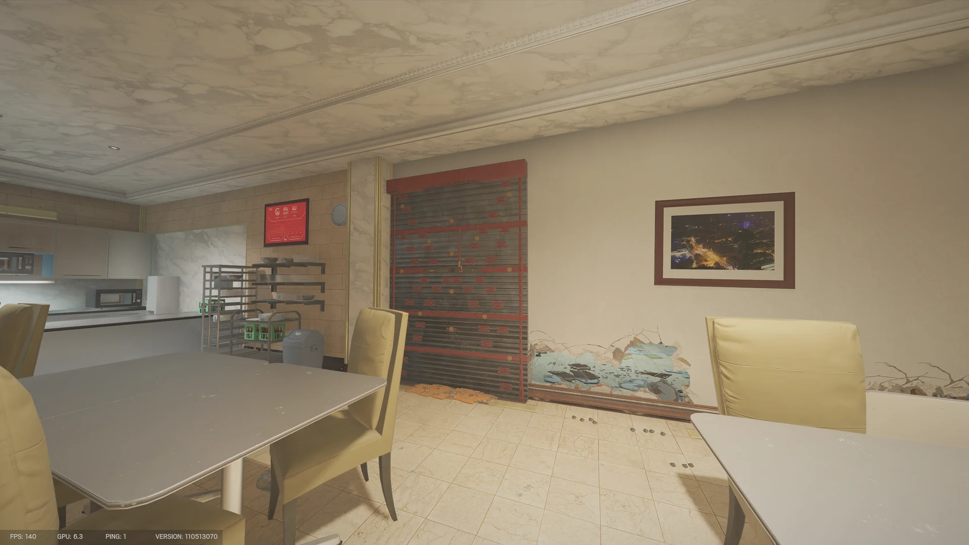 Dining room on Bank 1F with a kitchen counter behind, a red-and-black reinforced wall, and a framed night cityscape photo