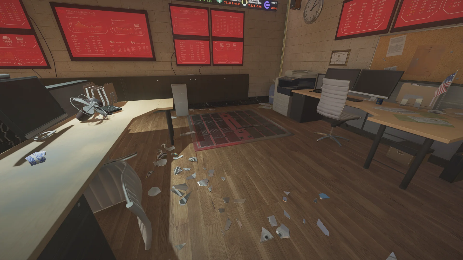 Office on Bank 1F with red stock screens, desks and monitors, a reinforced floor hatch, and shattered glass on the wood floor