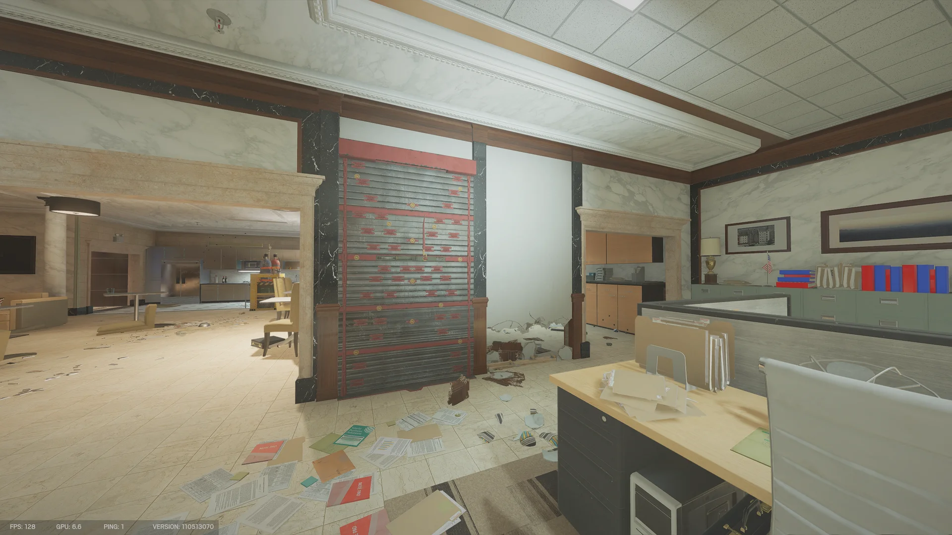 Office area on Bank 1F with a red-and-black reinforced wall between marble pillars and papers scattered on the tiled floor