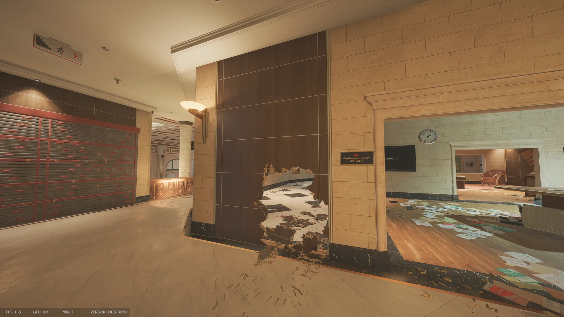 Bank hallway with a reinforced wall at left and a hole through wood paneling showing a checkered floor and spent casings
