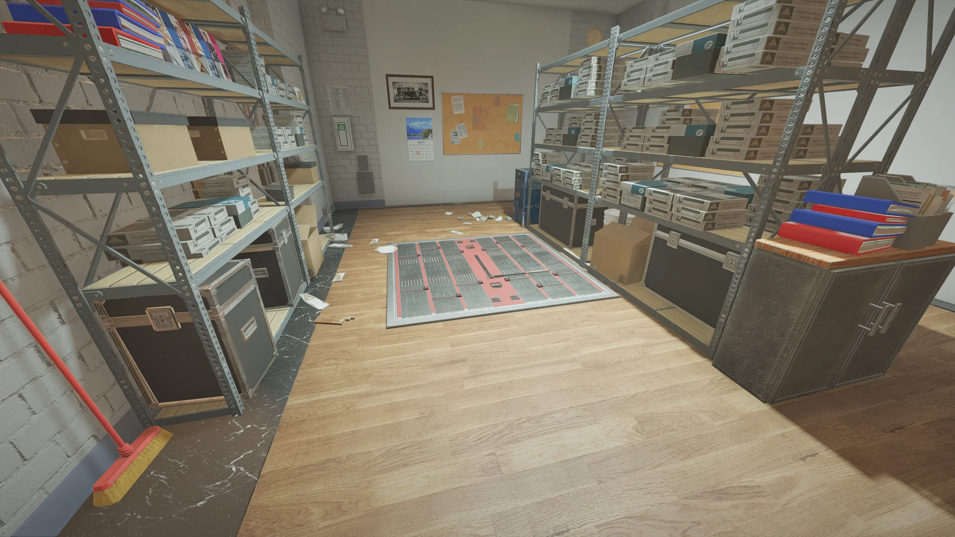 Storeroom on Bank 1F with metal shelving of boxed files, road cases, and a reinforced floor hatch set into the wooden floor
