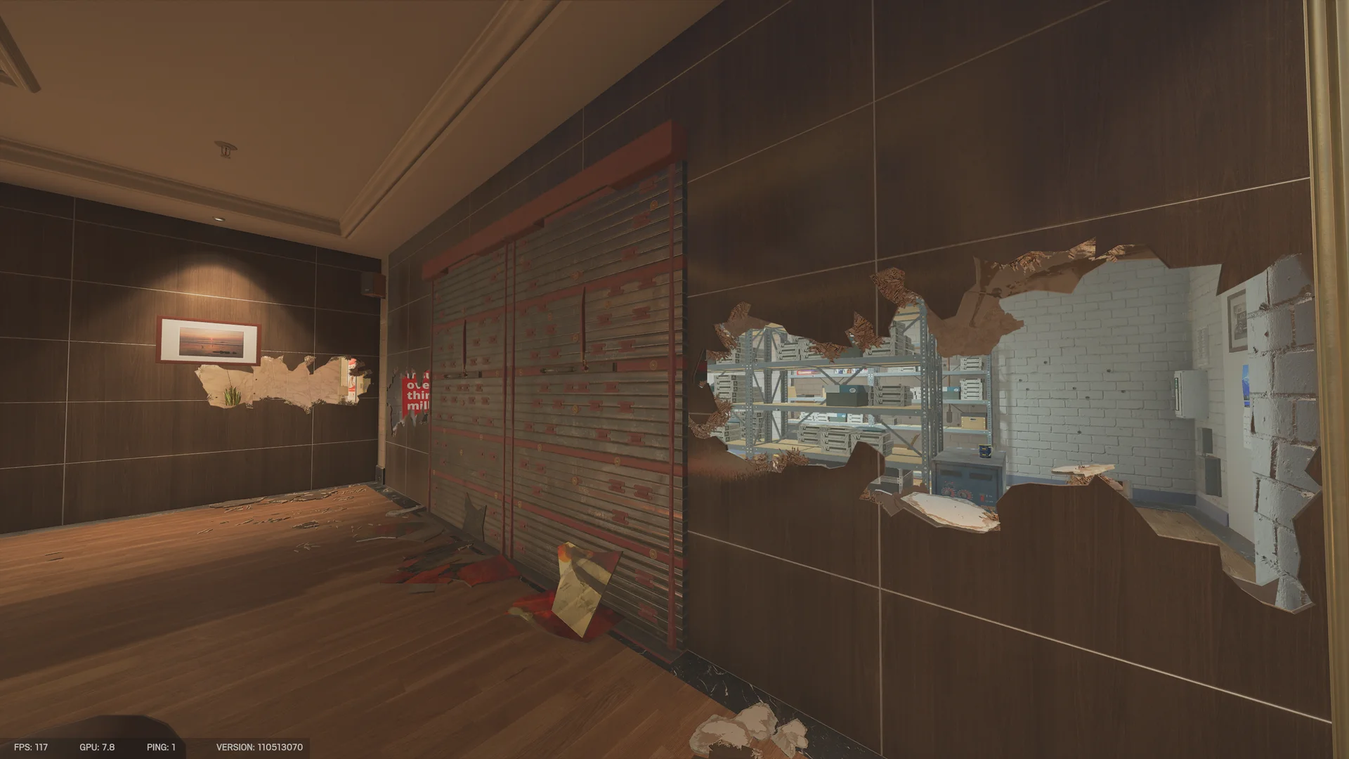 Wood-paneled wall on Bank 1F with two reinforced panels and a large breach revealing a storeroom with metal shelving