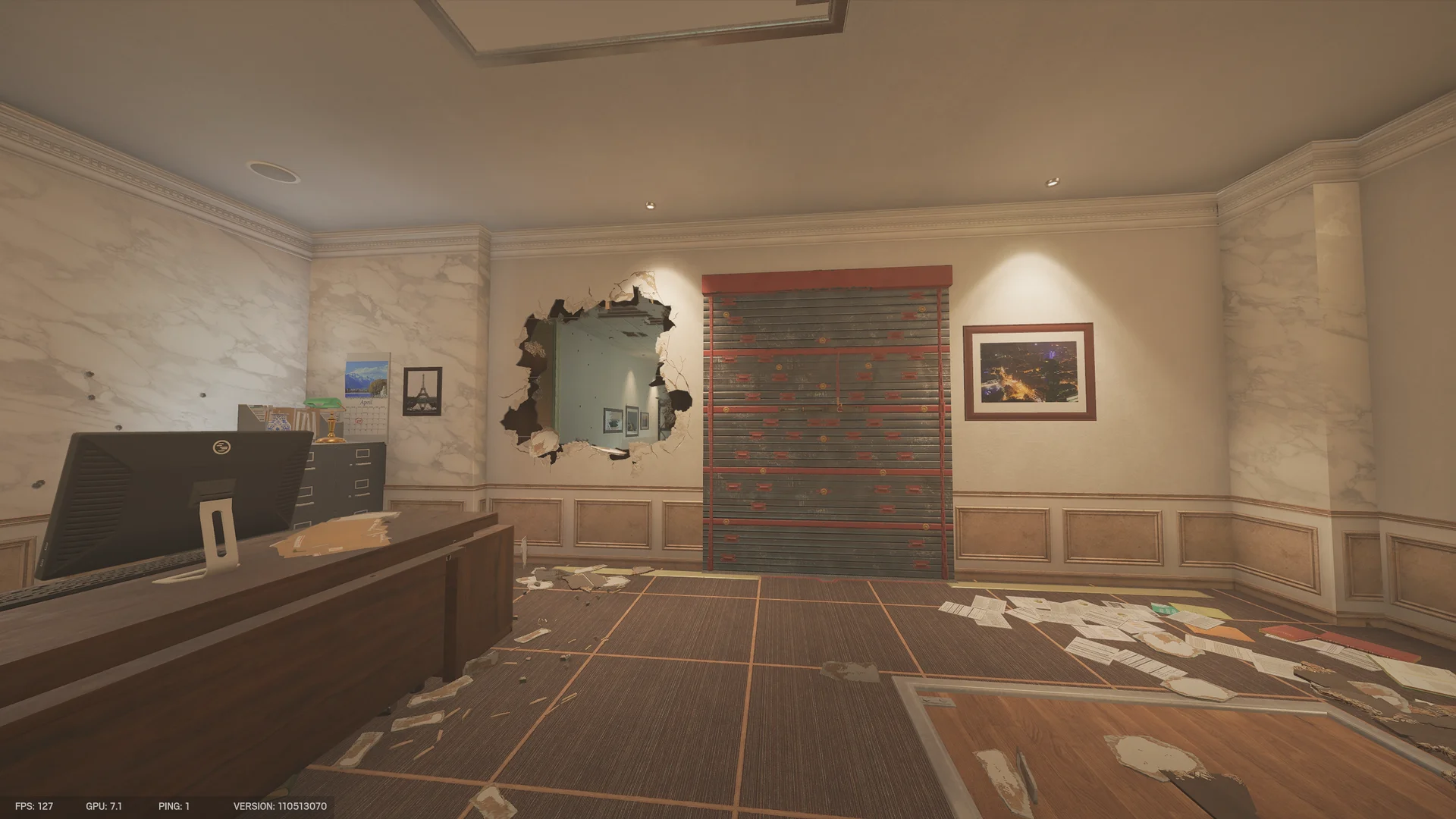 Office on Bank 1F with a reinforced wall, a breach hole revealing another room, a desk monitor and papers on the carpet