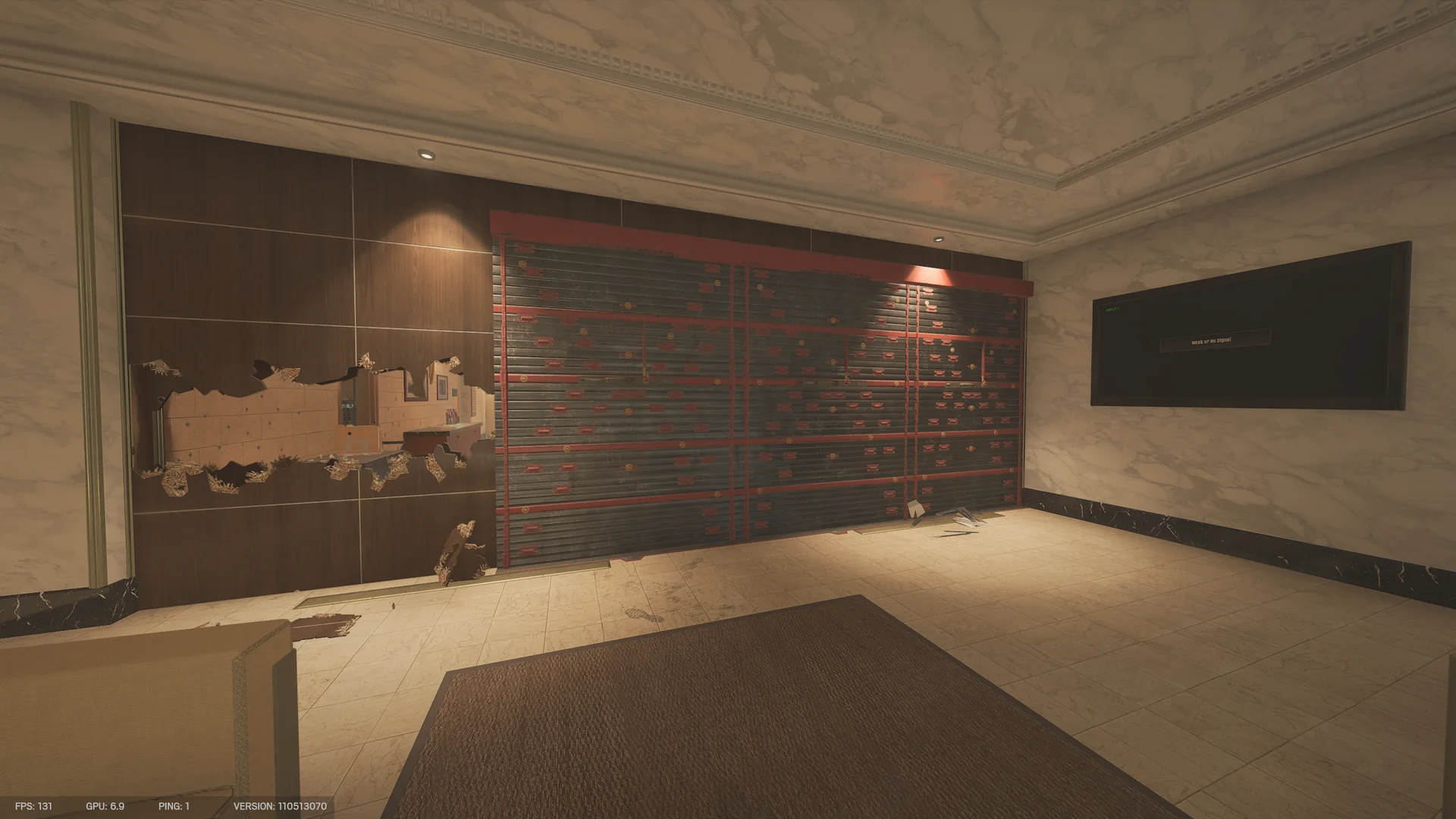 Marble-walled room on Bank 1F with a wide reinforced wall, a breach through wood paneling, and a wall monitor at right