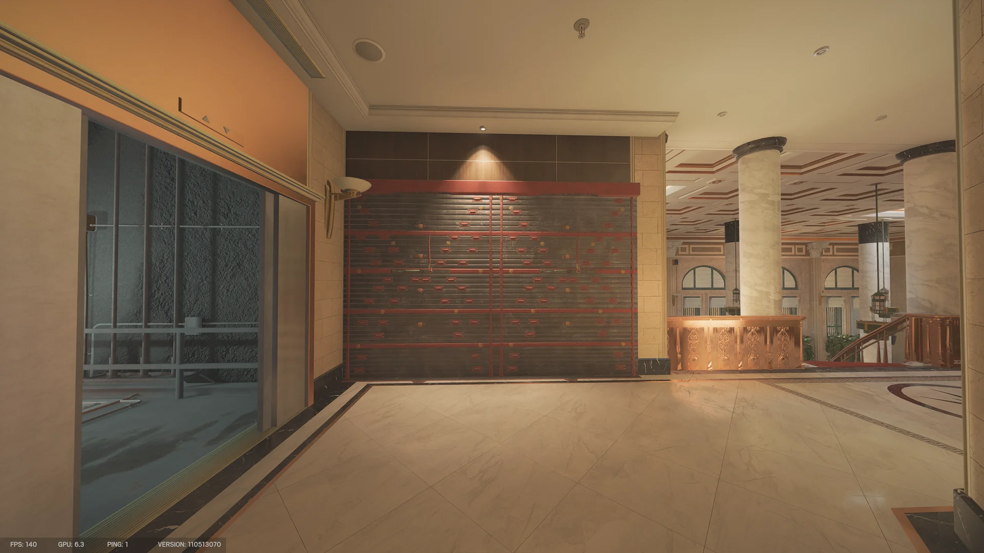 Grand Bank hall with marble columns, a copper counter, and a wide red-strapped reinforced wall beneath a coffered ceiling