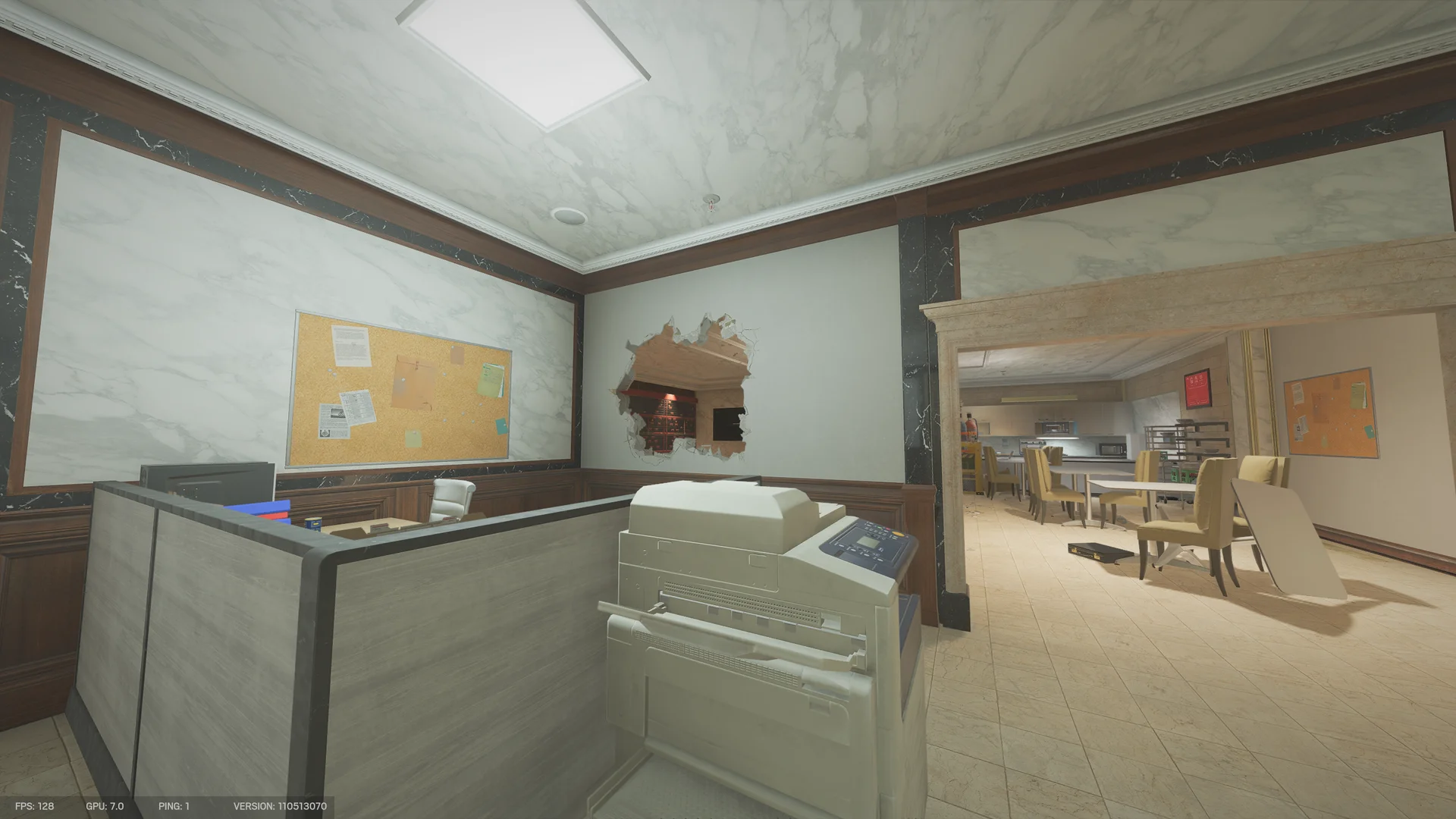 Reception on Bank 1F with a copier, a corkboard, a breach hole in the wall, and a dining area seen through the doorway