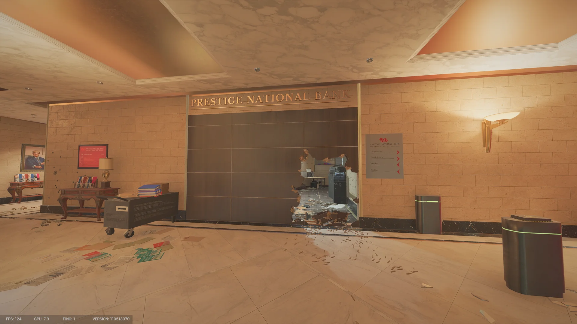 Hall on Bank 1F with gold bank lettering above a dark wood wall and a jagged breach revealing an office with a copier
