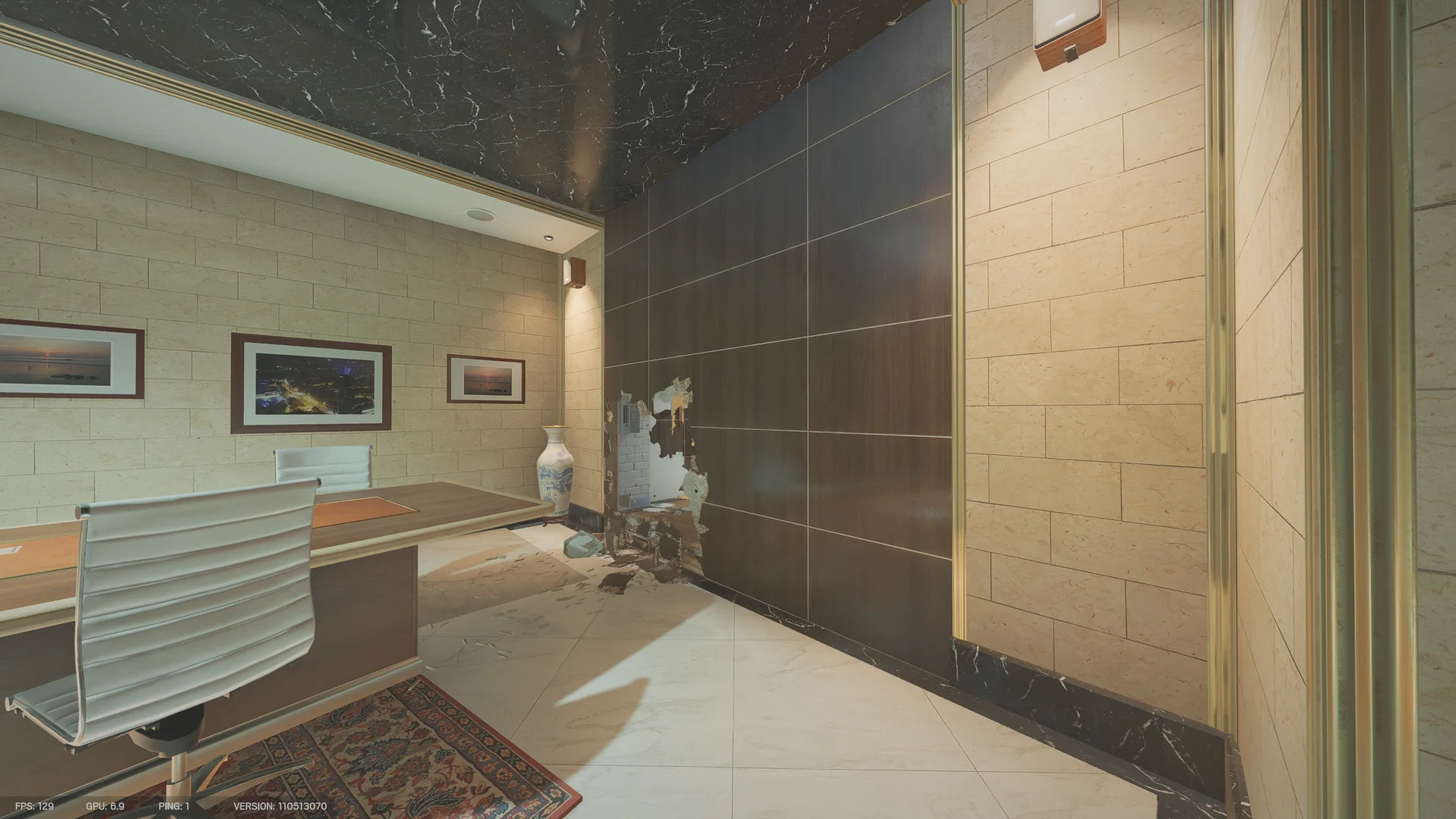 Office on Bank 1F with a wooden desk, white chairs, framed photos, a vase, and a low breach in the dark wood wall at right