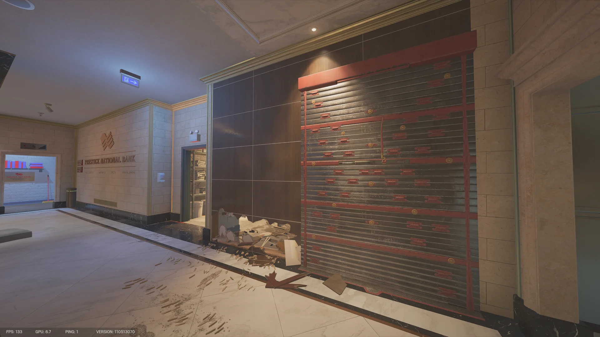 Hallway on Bank 1F with a tall reinforced wall on wood paneling, a low breach with debris beside it, and a lit doorway at left