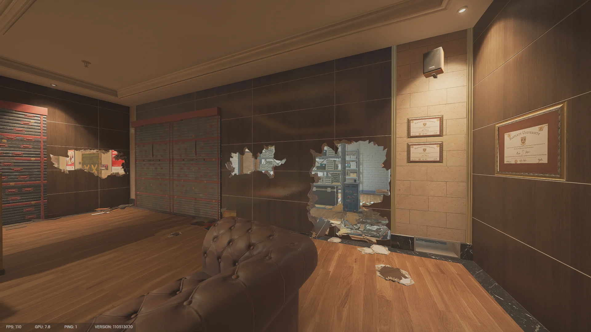 Wood-paneled room on Bank 2F with a leather sofa, reinforced wall shutters, framed certificates, and breached wall holes