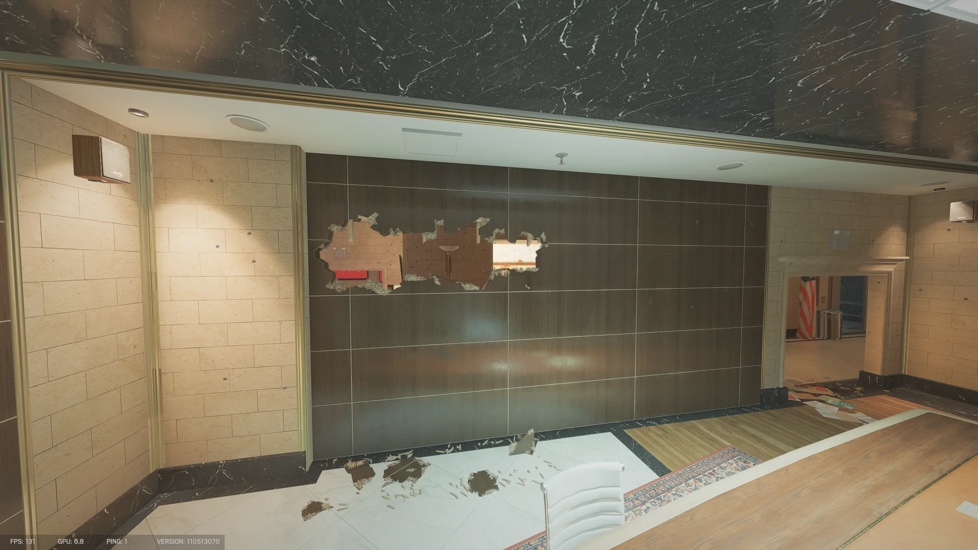 Dark wood wall on Bank 2F with jagged breach holes showing a lit room beyond, above a patterned rug and white office chair
