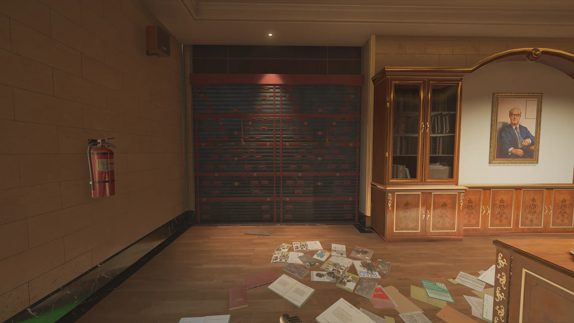 Room on Bank 2F with a wide reinforced wall, a fire extinguisher at left, a framed portrait and bookcase at right