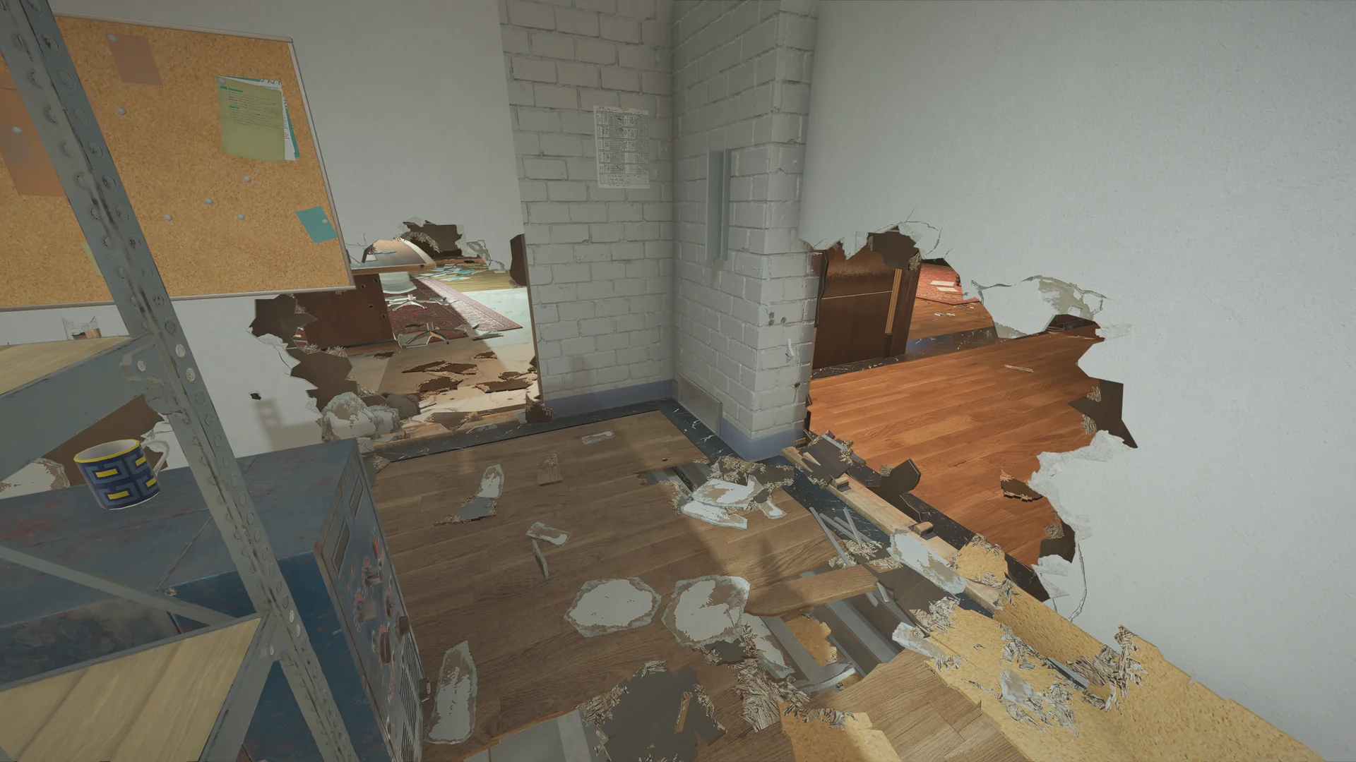 Corner on Bank 2F with breached walls on both sides and torn-open wooden flooring exposing metal beams, a mug on shelving