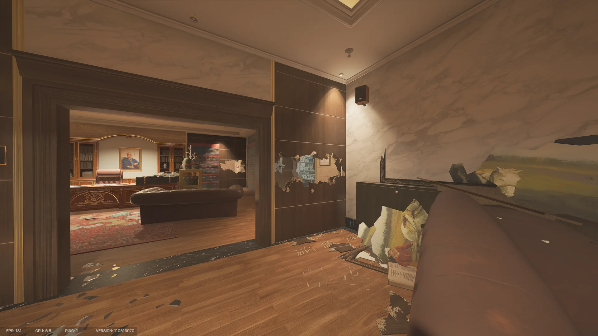 Hallway on Bank 2F with breached wood paneling, fallen picture frames, and an ornate desk office beyond the doorway