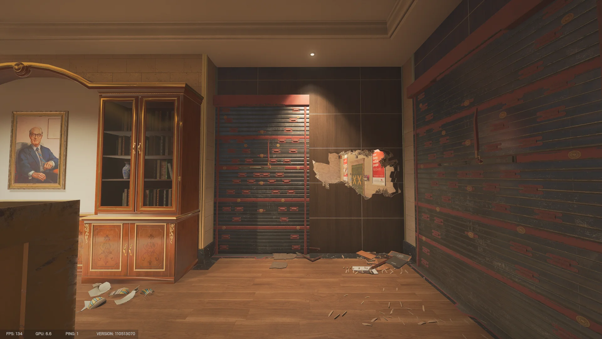 Room on Bank 2F with two dark reinforced walls flanking a breached panel, a portrait and glass-front bookcase at left