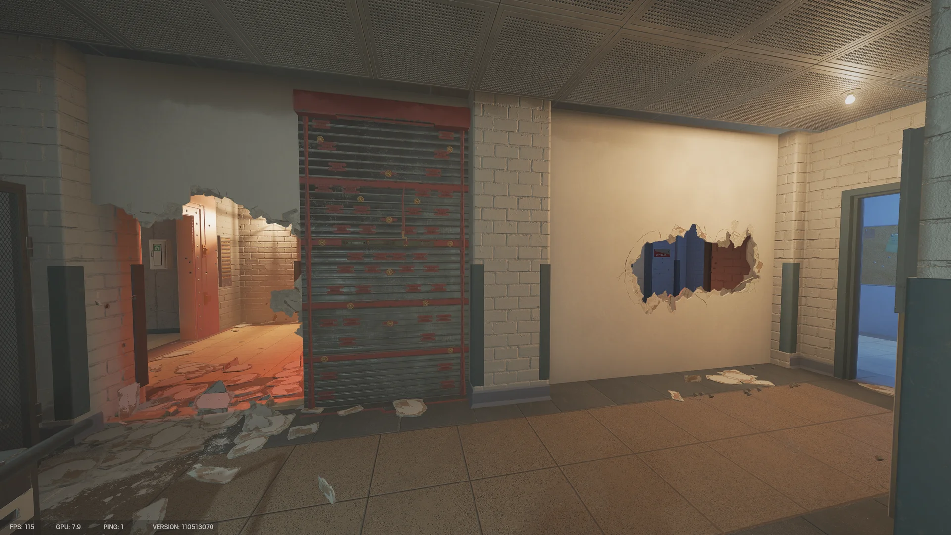 Brick corridor in the Bank basement with a reinforced wall, a breached opening at left, and a jagged hole in the right wall