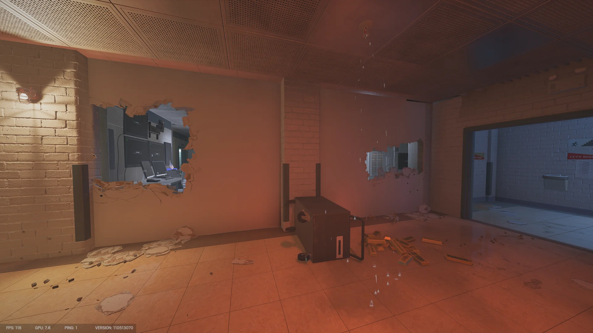 Warm-lit room in the Bank basement with wall breaches revealing monitors, a toppled cabinet and gold bars on the tiled floor