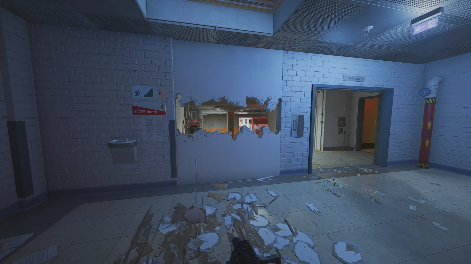 Dim brick room in the Bank basement with a breached wall revealing a garage and red truck beyond, debris piled on the floor