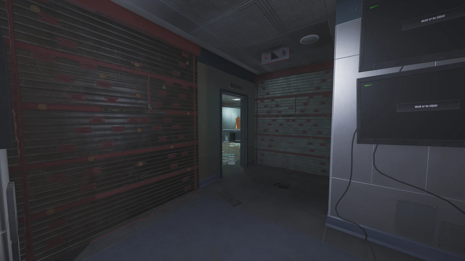 Dark room in the Bank basement with two reinforced walls, wall monitors reading Weak or No Signal, and a lit doorway beyond