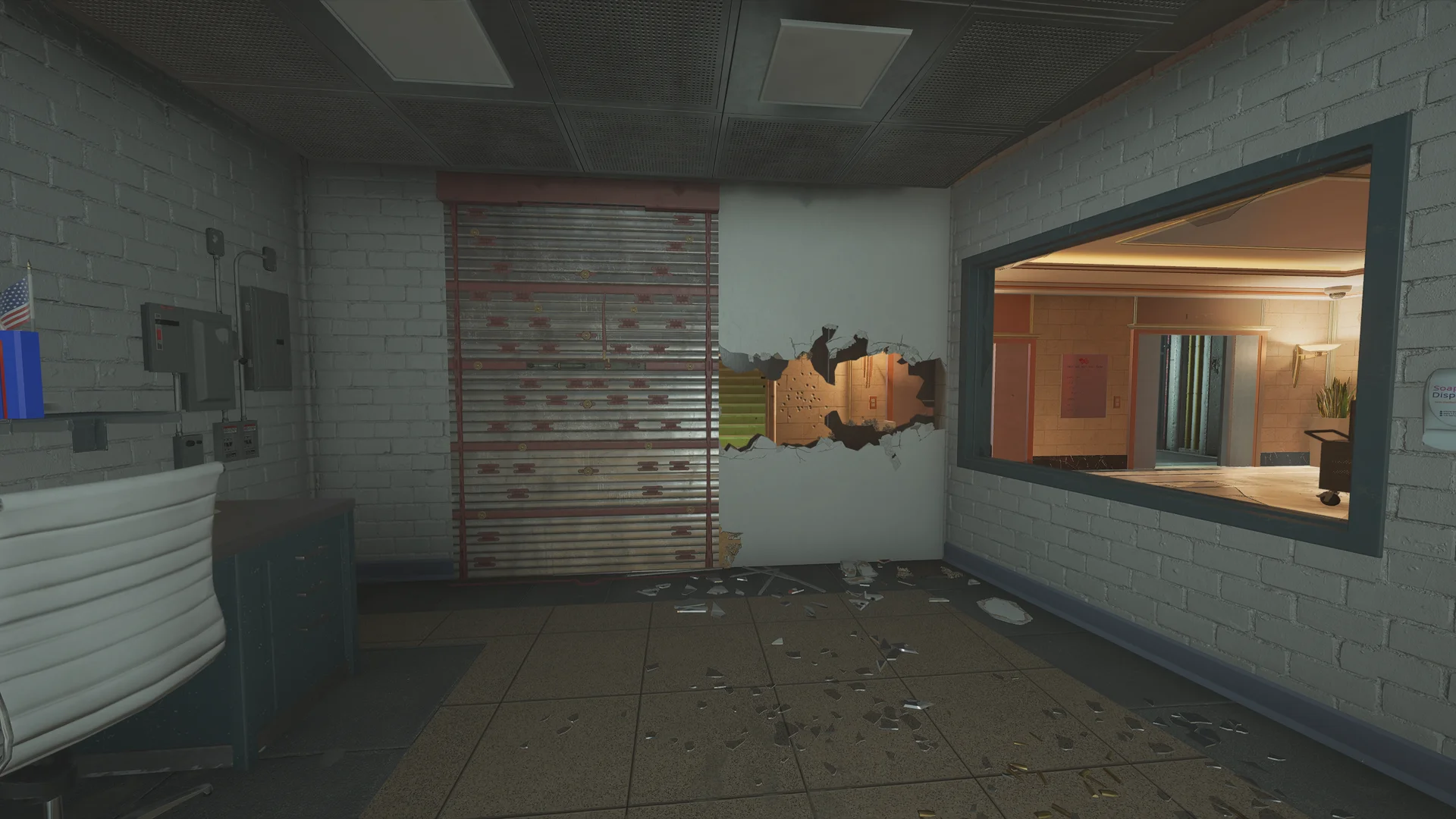 Dim brick room in the Bank basement with a reinforced wall, a breached hole beside it, and a window overlooking a lit hallway