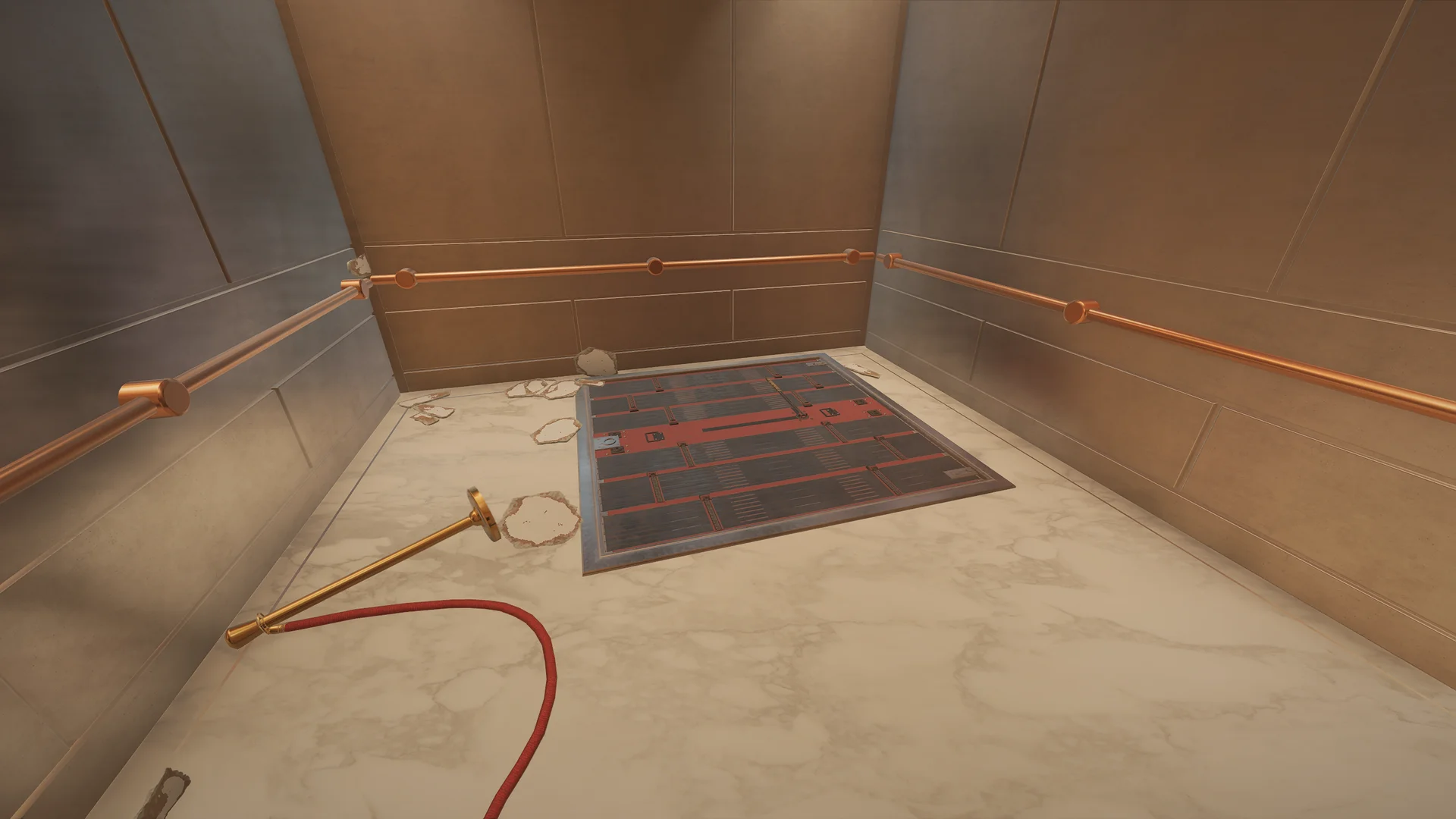 Small paneled room on Bank with brass handrails, a reinforced floor hatch, and a fallen rope stanchion on the marble floor