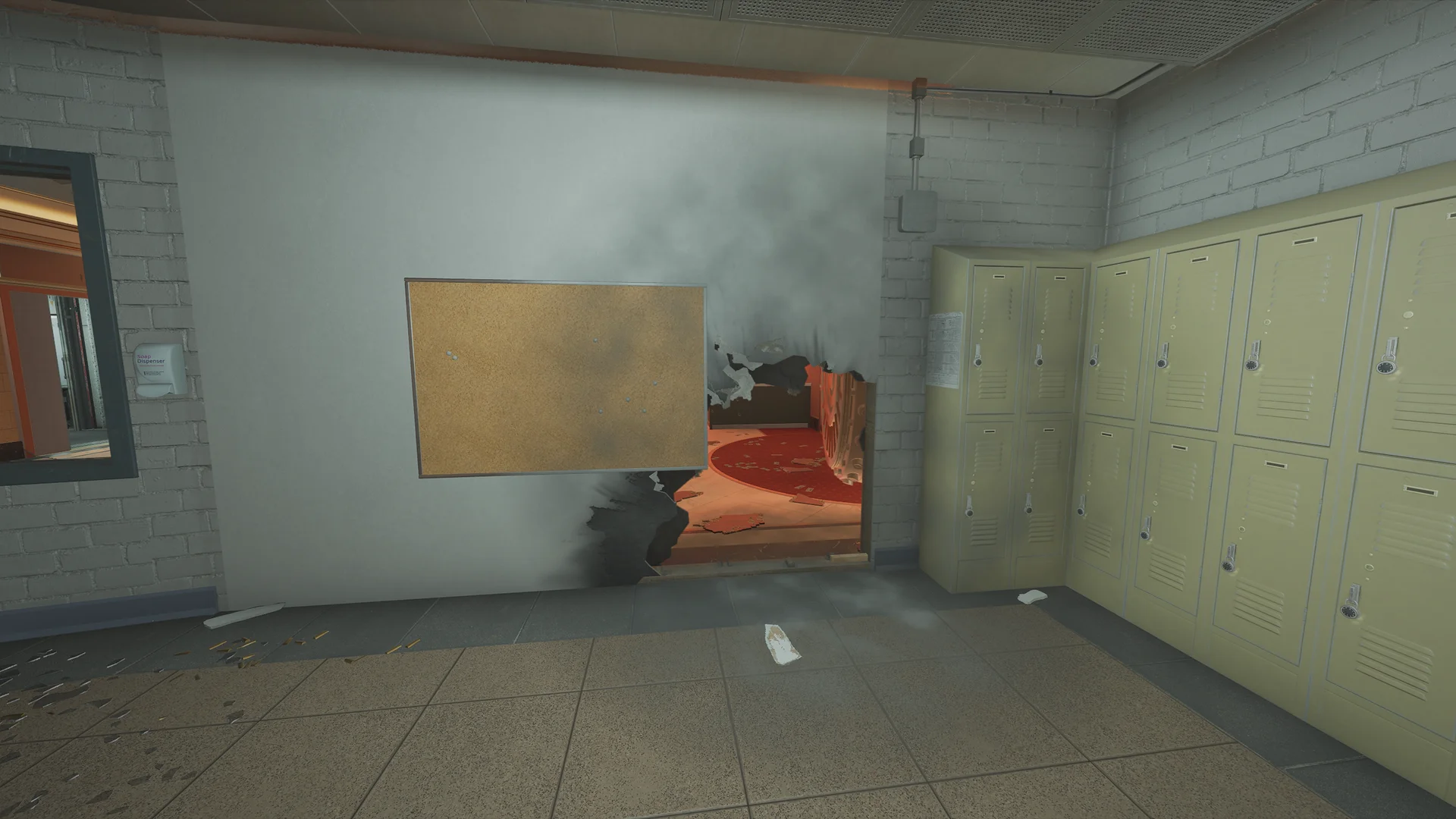 Locker area in the Bank basement with a corkboard on the wall and a smoking blast hole opening to a red-carpeted room