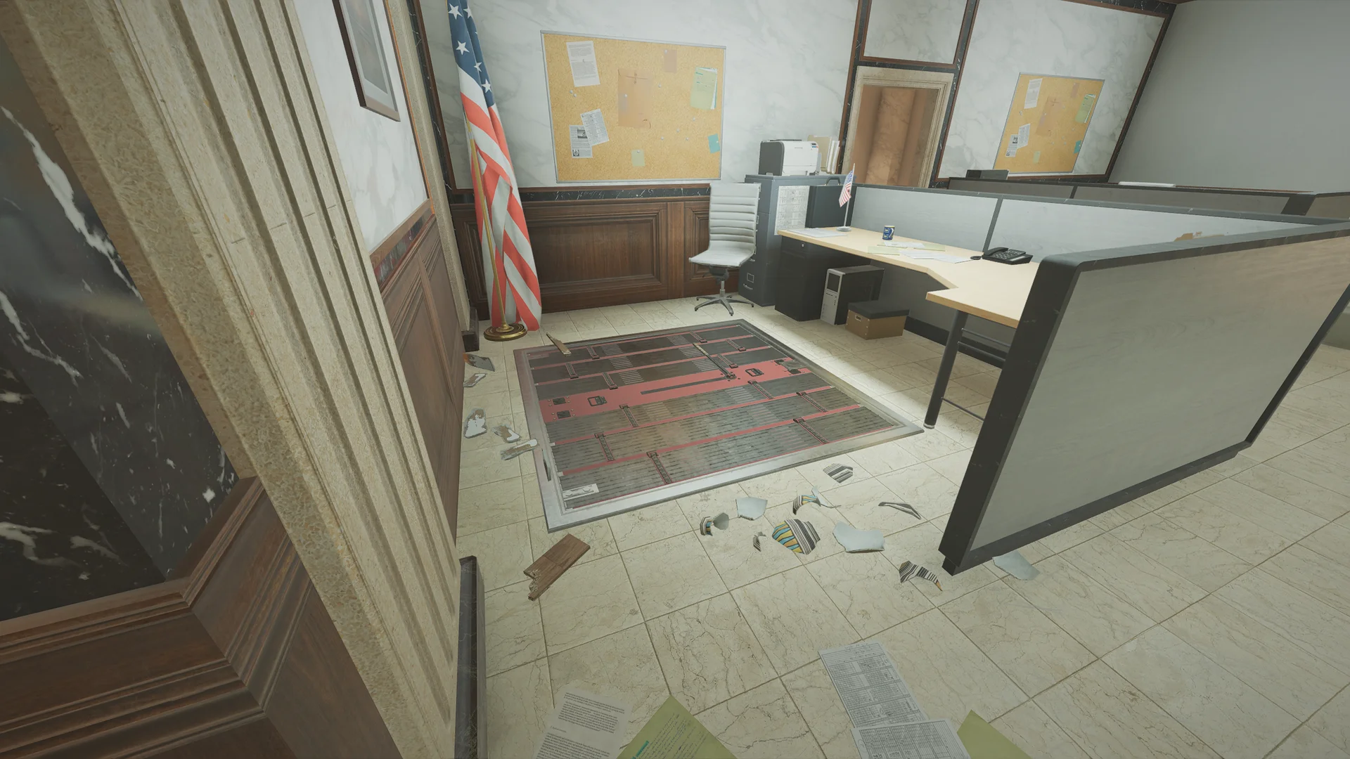 Office corner on Bank with an American flag, corkboards, cubicle desks, and a reinforced floor hatch set into the tiled floor