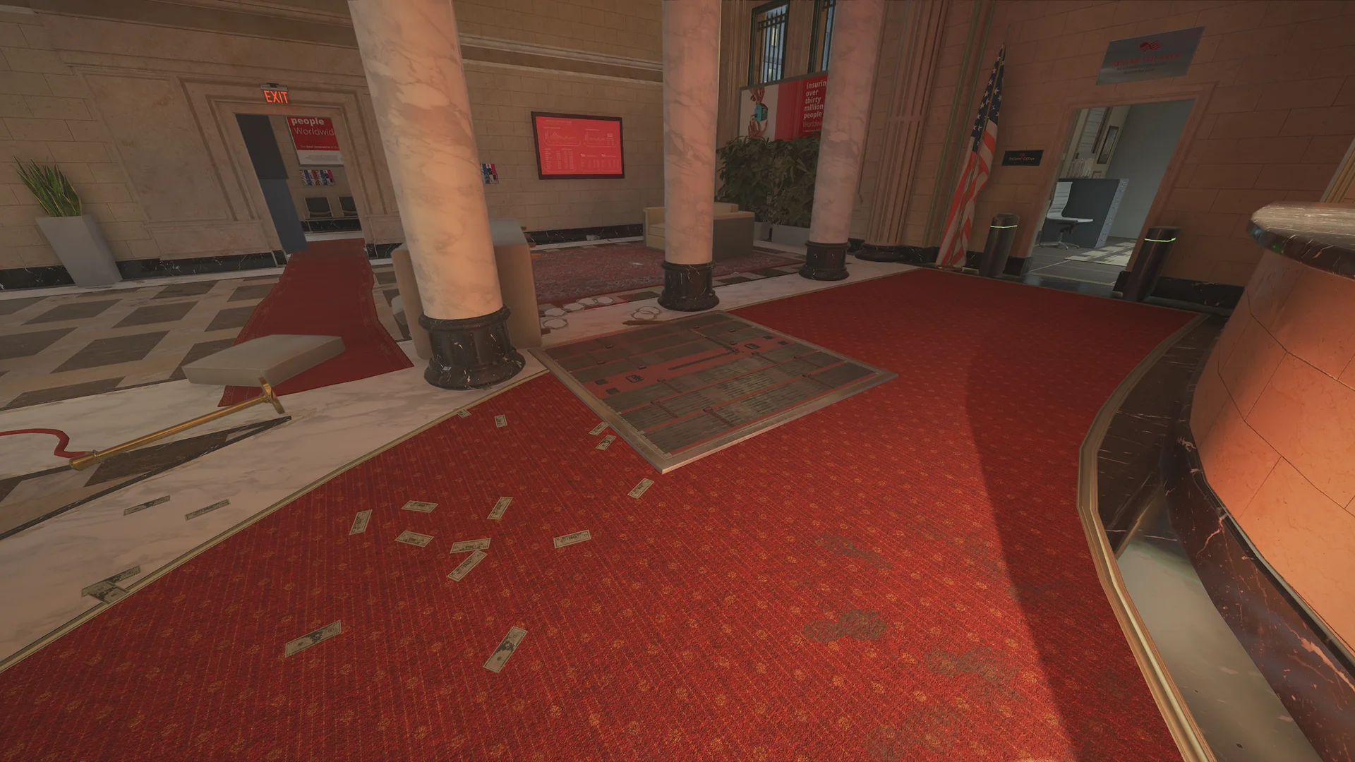 Bank lobby with marble pillars, a reinforced hatch set in the red patterned carpet, banknotes and an American flag