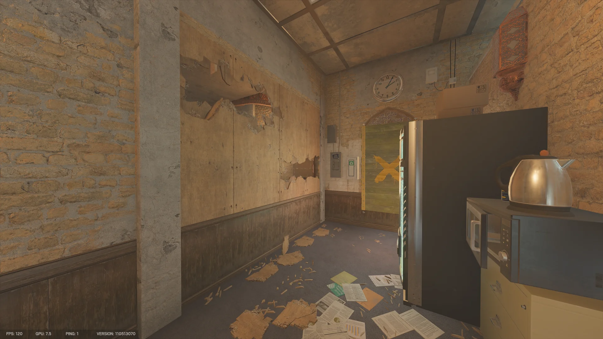 Break room on Border 1F with a kettle on a microwave, a yellow-X green barricade in an arched doorway, and a boarded wall torn open near the ceiling