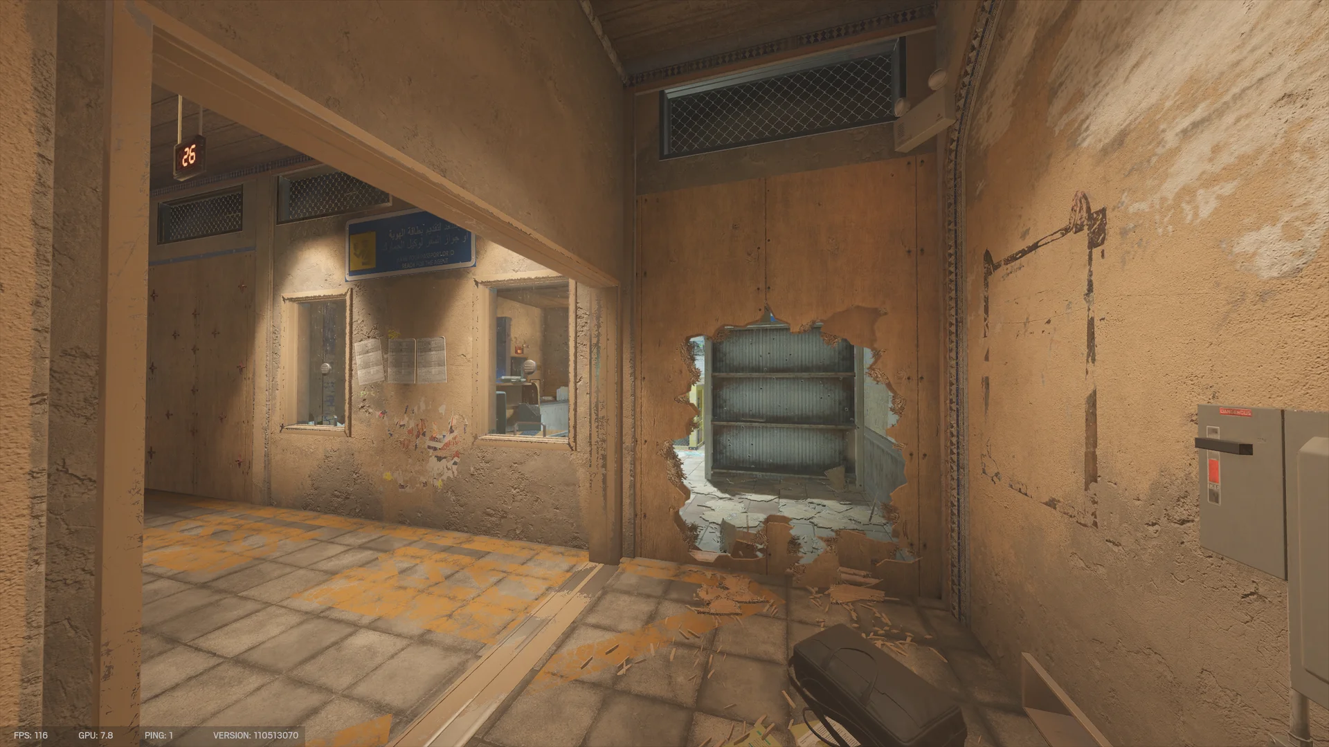 Hallway on Border 1F with a service window, a blue sign, a numbered counter display, and a jagged hole in a plywood wall backed by a metal shelf unit