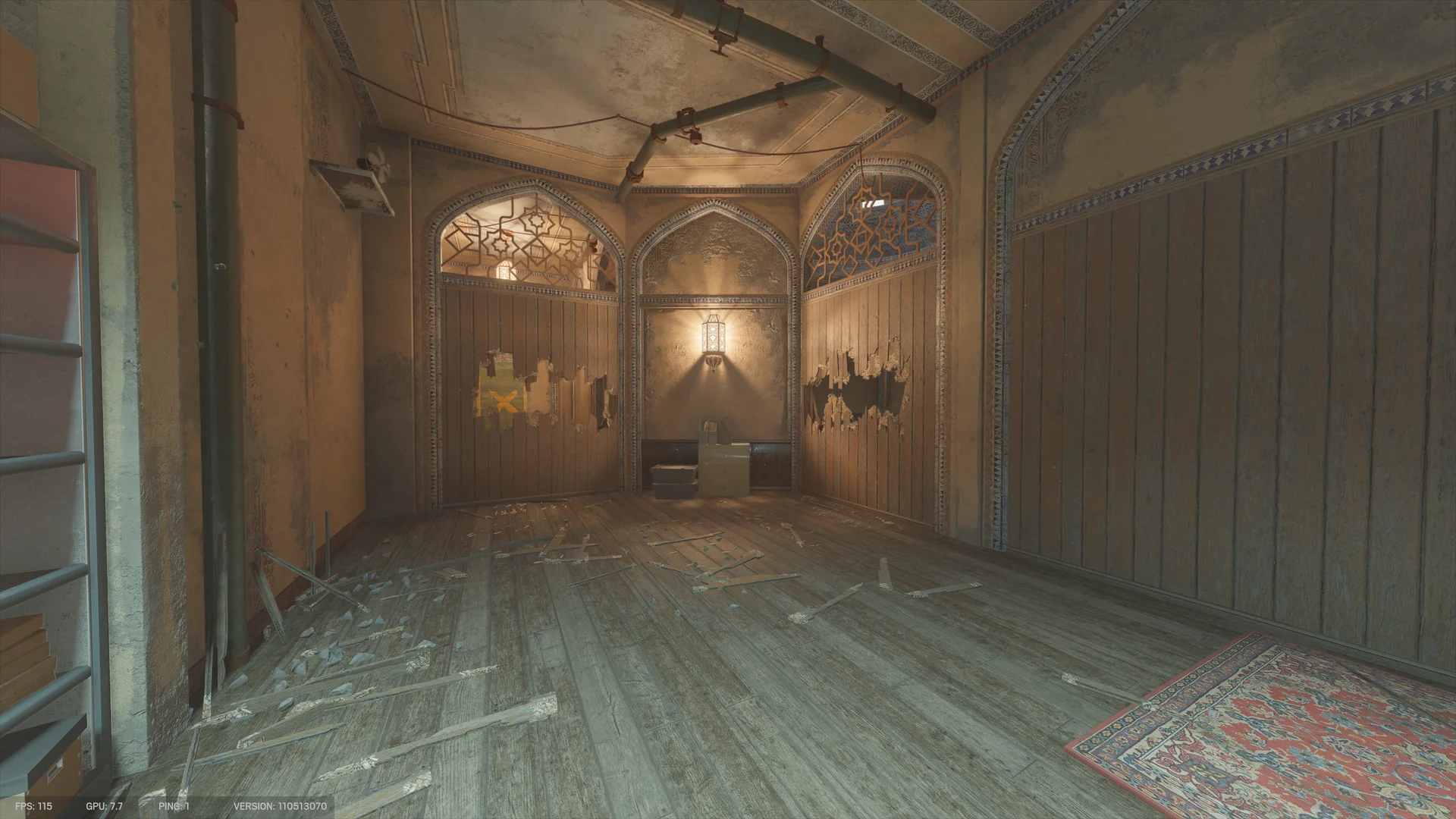 Ornate arched room on Border 1F with a wall lantern, wood-paneled walls torn open in two places, cardboard boxes in the corner, and splintered debris