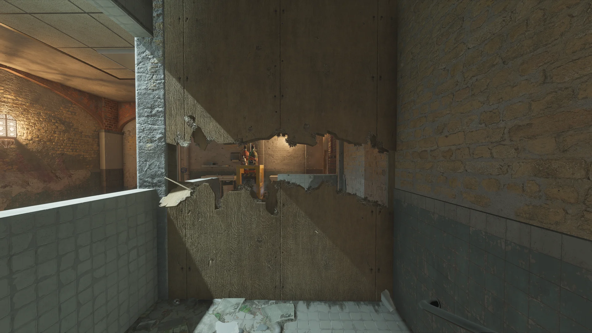 Tiled washroom on Border 1F facing a wooden wall with two long jagged breaches, opening to a lit room with a yellow cart and gas cylinders