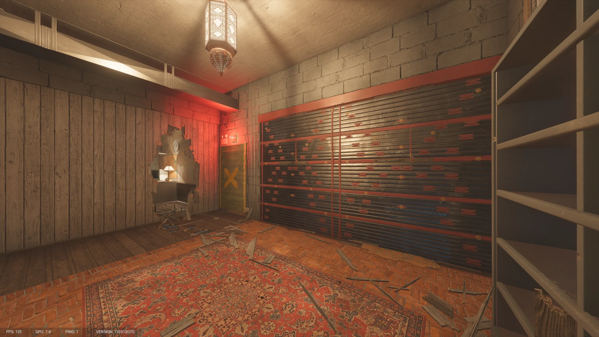 Red-lit room on Border 1F with a wide dark metal shutter, a red rug, a yellow-X panel, and a hole in a wooden wall revealing a desk lamp and chair