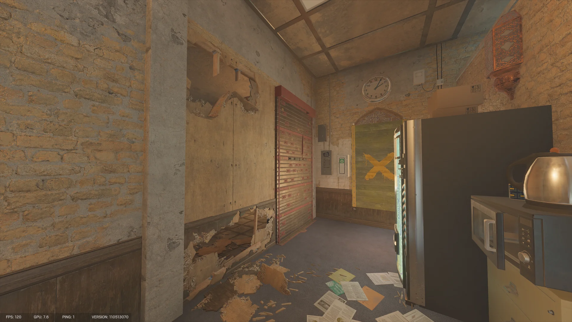 Break room on Border 1F with a wall clock, a yellow-X green panel in an arched doorway beside a tall dark cabinet, a kettle on a microwave, and torn boarded walls
