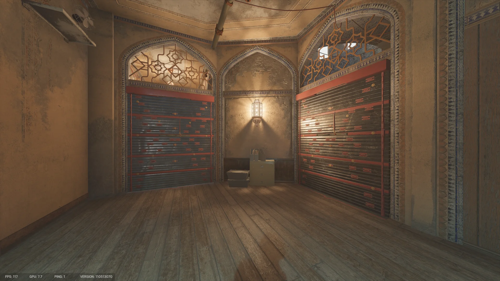 Ornate corner on Border 1F with two closed red-and-black shutters beneath latticed arches, a glowing wall lantern, and a filing cabinet with box files