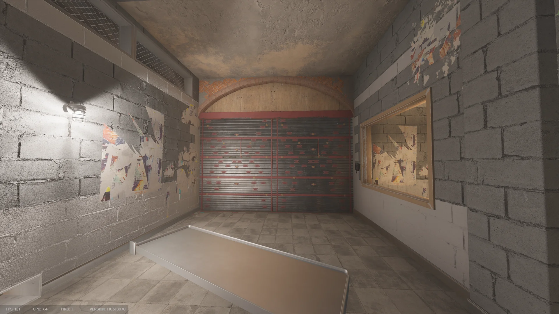 Blockwork room on Border 1F with peeling posters on both walls, a closed metal shutter beneath a brick arch, a caged wall lamp, and a metal table