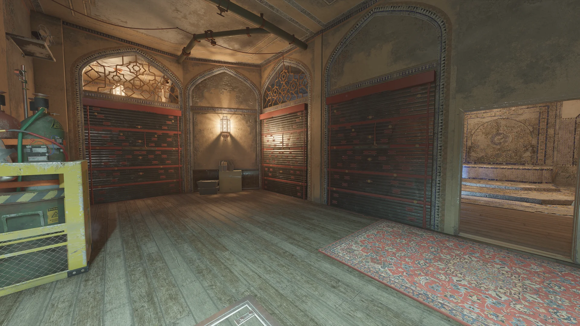Ornate arched room on Border 2F with rows of red-and-black metal shutter cabinets over a wooden floor and a yellow hazard locker at left