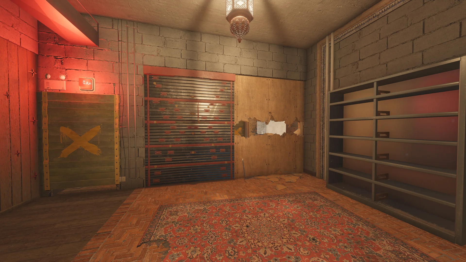 Breeze-block room on Border 2F with an ornate red rug, a boarded doorway marked with a yellow X under red light, a metal shutter, and empty shelving