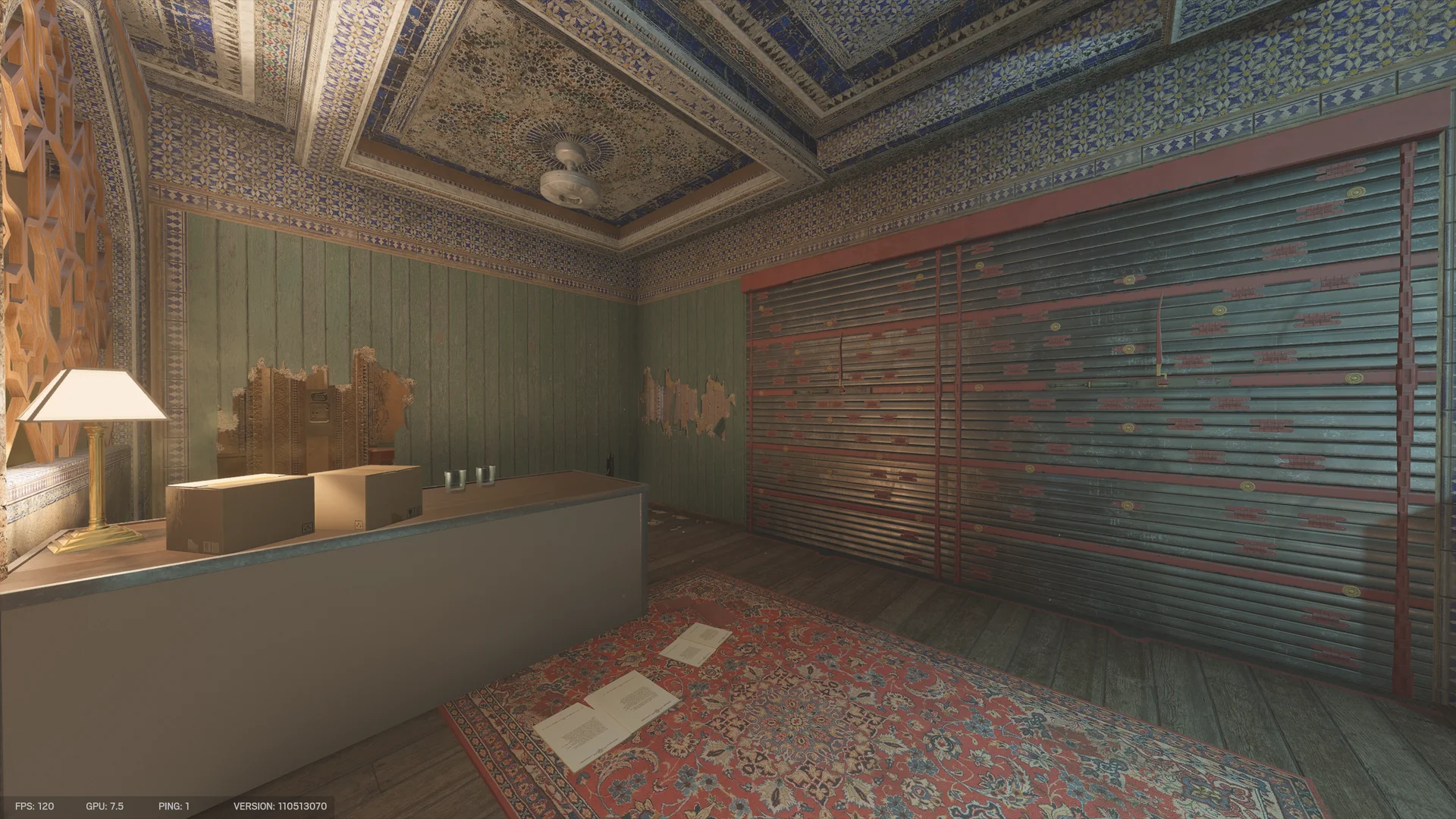 Room on Border 2F with an ornate tiled ceiling, green plank walls with torn patches, a long metal shutter, and a counter with cardboard boxes and a lamp