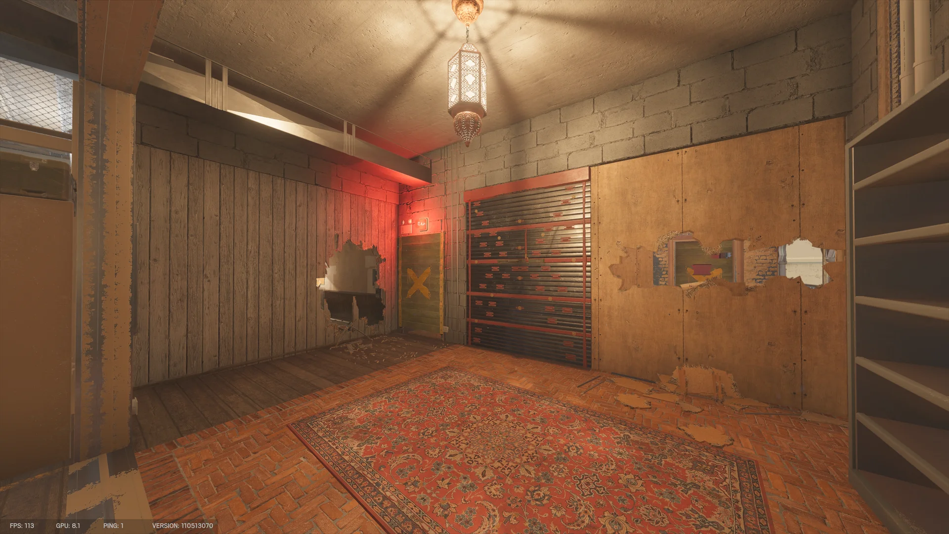 Brick-floored room on Border 2F with a red rug, a hanging lantern, a metal shutter, a yellow-X door in a red-lit corner, and holes torn in the plywood walls