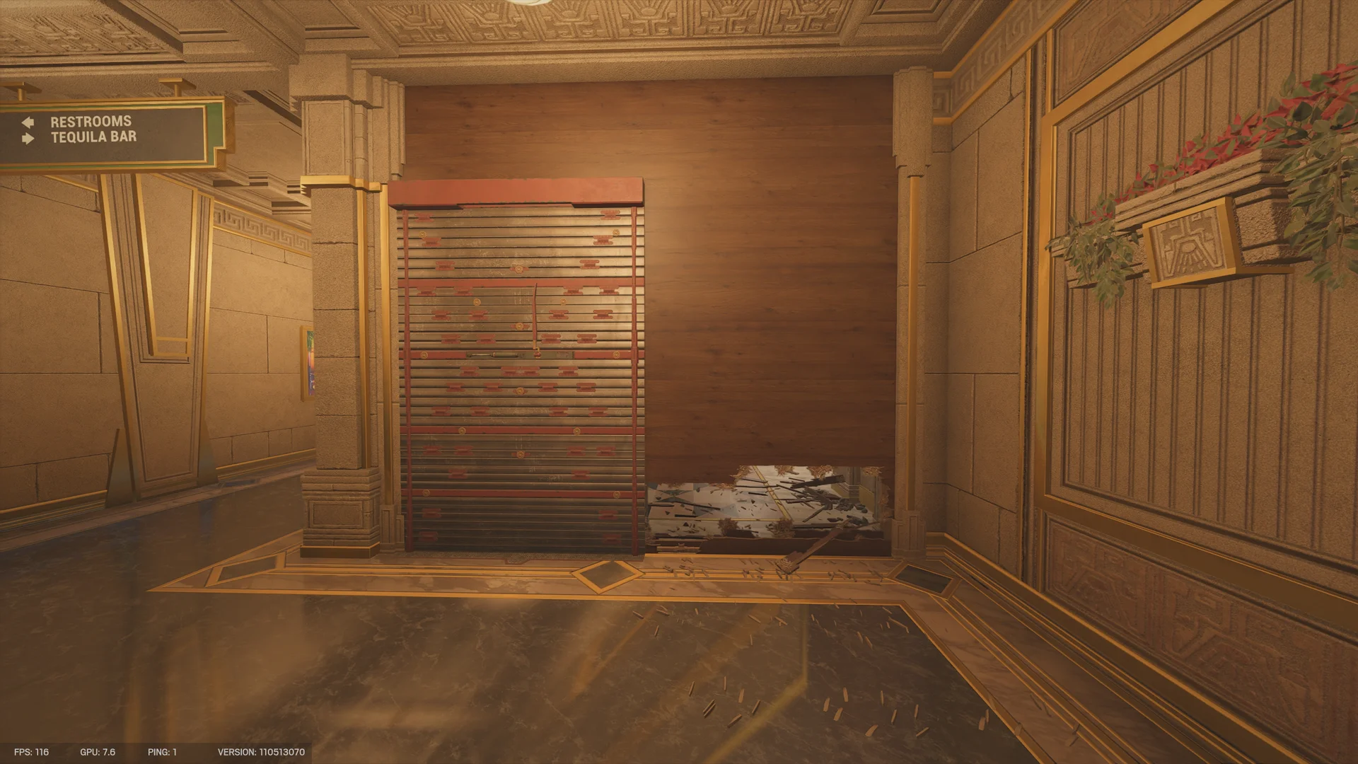 Ornate hallway on Calypso Casino 1F with a reinforced wall panel, a low breach at its right, and a wall planter above