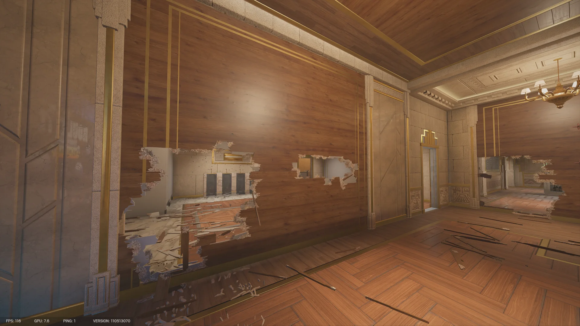 Wood-paneled wall on Calypso Casino 1F with two jagged breaches, marble pillars with gold trim, and a chandelier at right
