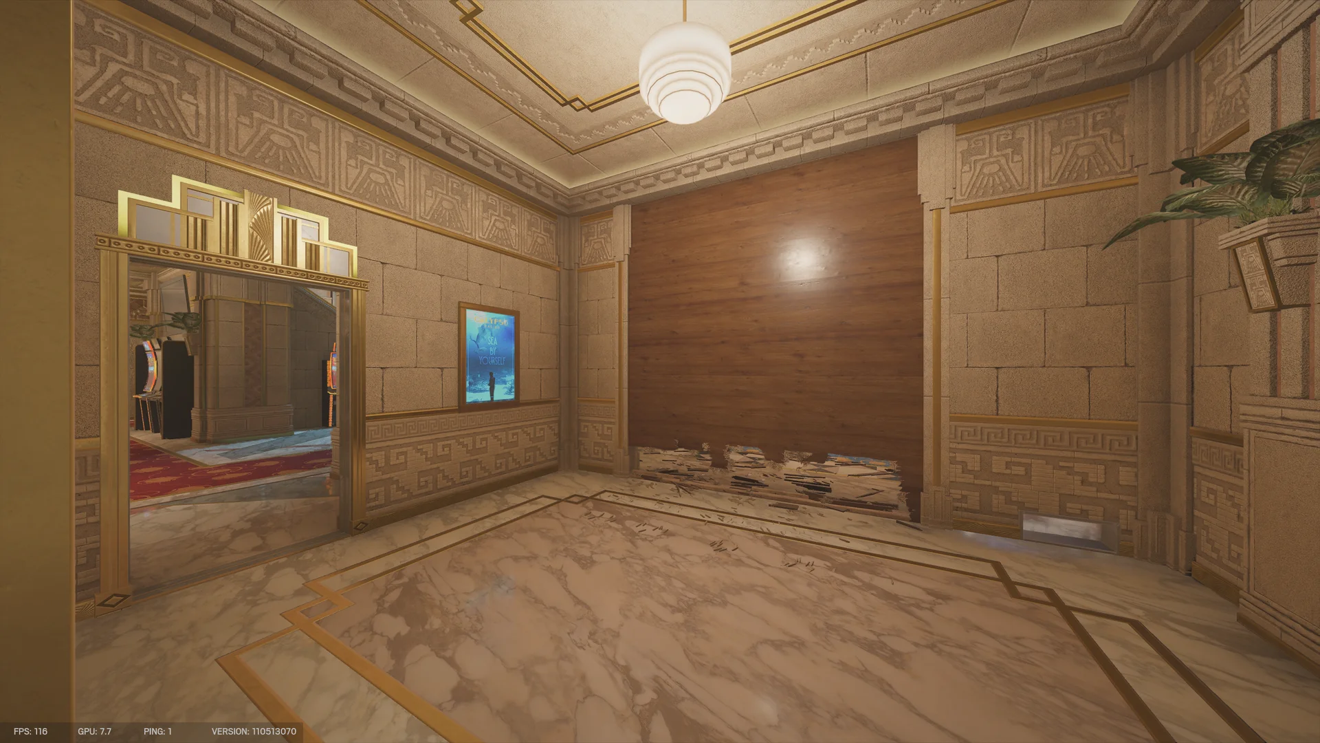 Ornate stone room on Calypso Casino 1F with a wooden accent wall damaged at its base and slot machines seen through the door