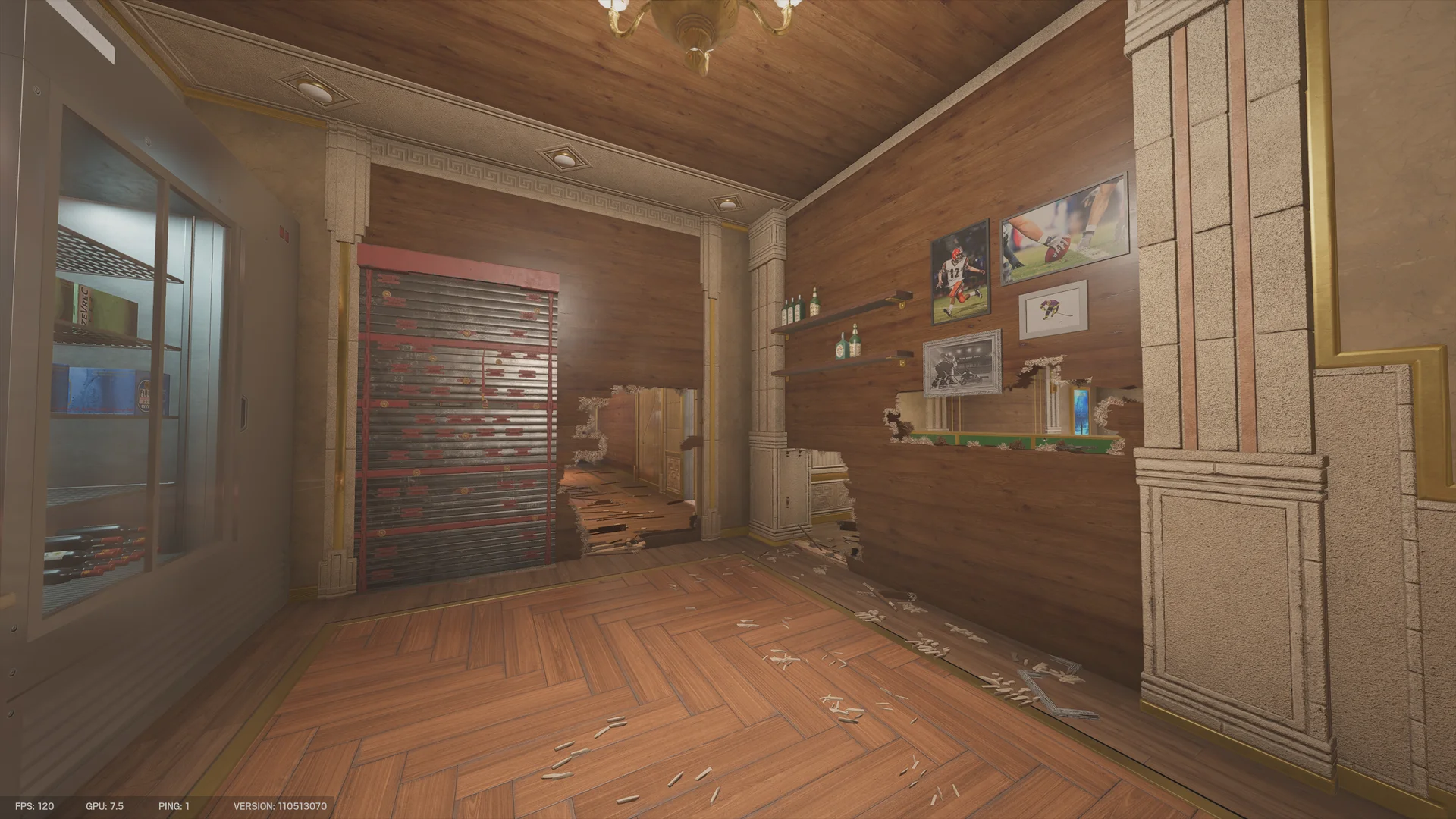 Bar room on Calypso Casino 1F with framed sports photos, bottle shelves, a reinforced wall and breached wood paneling