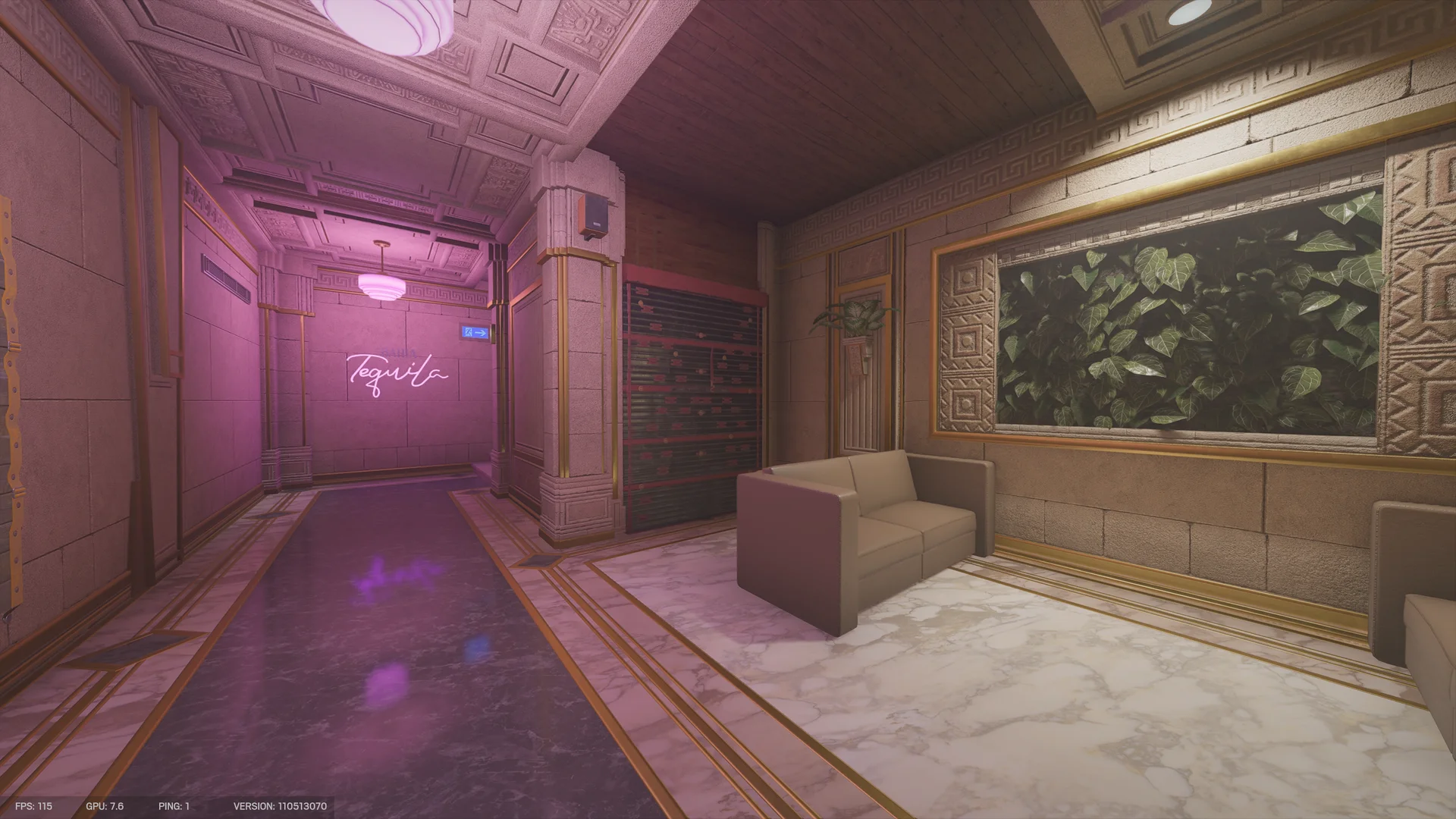 Pink neon-lit hallway on Calypso Casino 1F with a cursive neon sign, a reinforced wall, an ivy panel and a tan loveseat