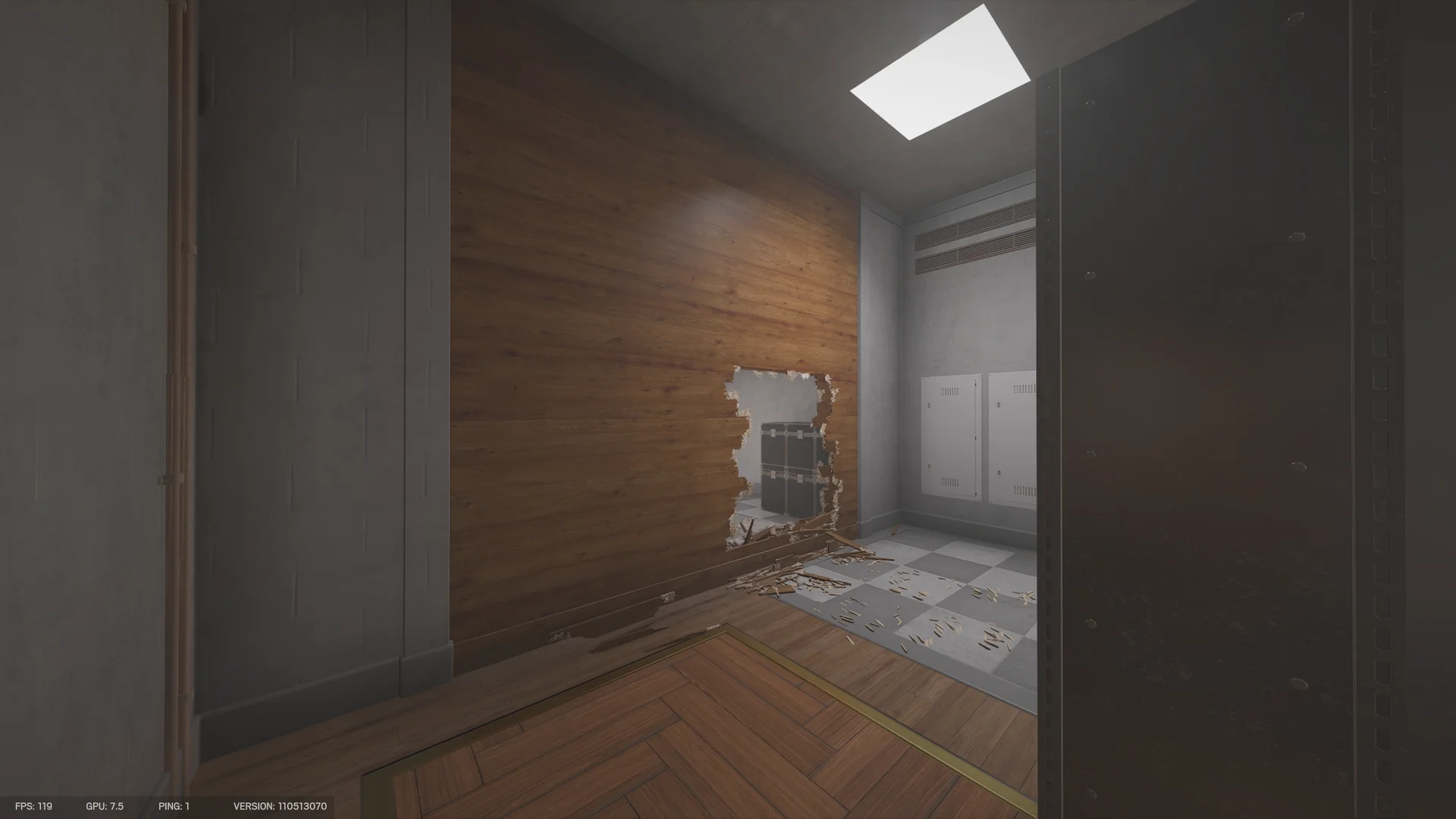 Dim room on Calypso Casino 1F with a hole through a wooden wall revealing a road case and electrical panels in a grey room