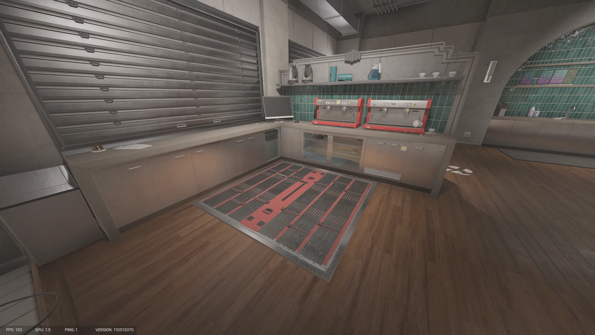 Coffee bar on Calypso Casino 1F with two red espresso machines, a closed roller shutter, and a reinforced floor hatch