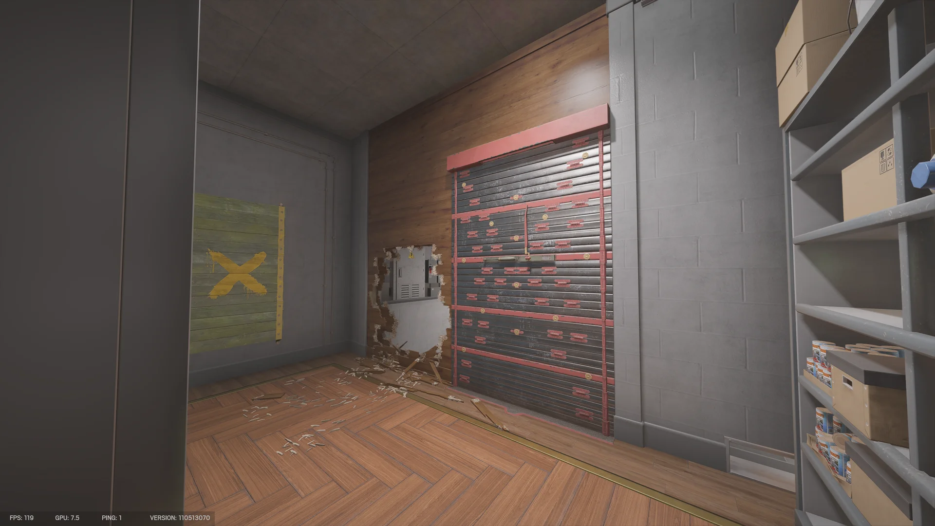 Room on Calypso Casino 1F with a reinforced wall, a breach revealing metal lockers, and a green tarp marked with a yellow X