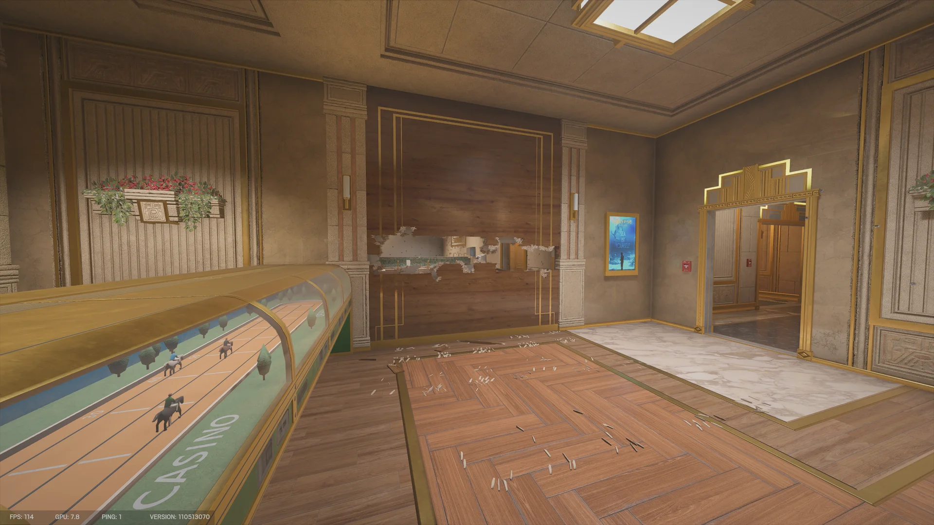 Room on Calypso Casino 1F with a miniature horse-racing track game and a breached wood wall revealing a bar counter beyond
