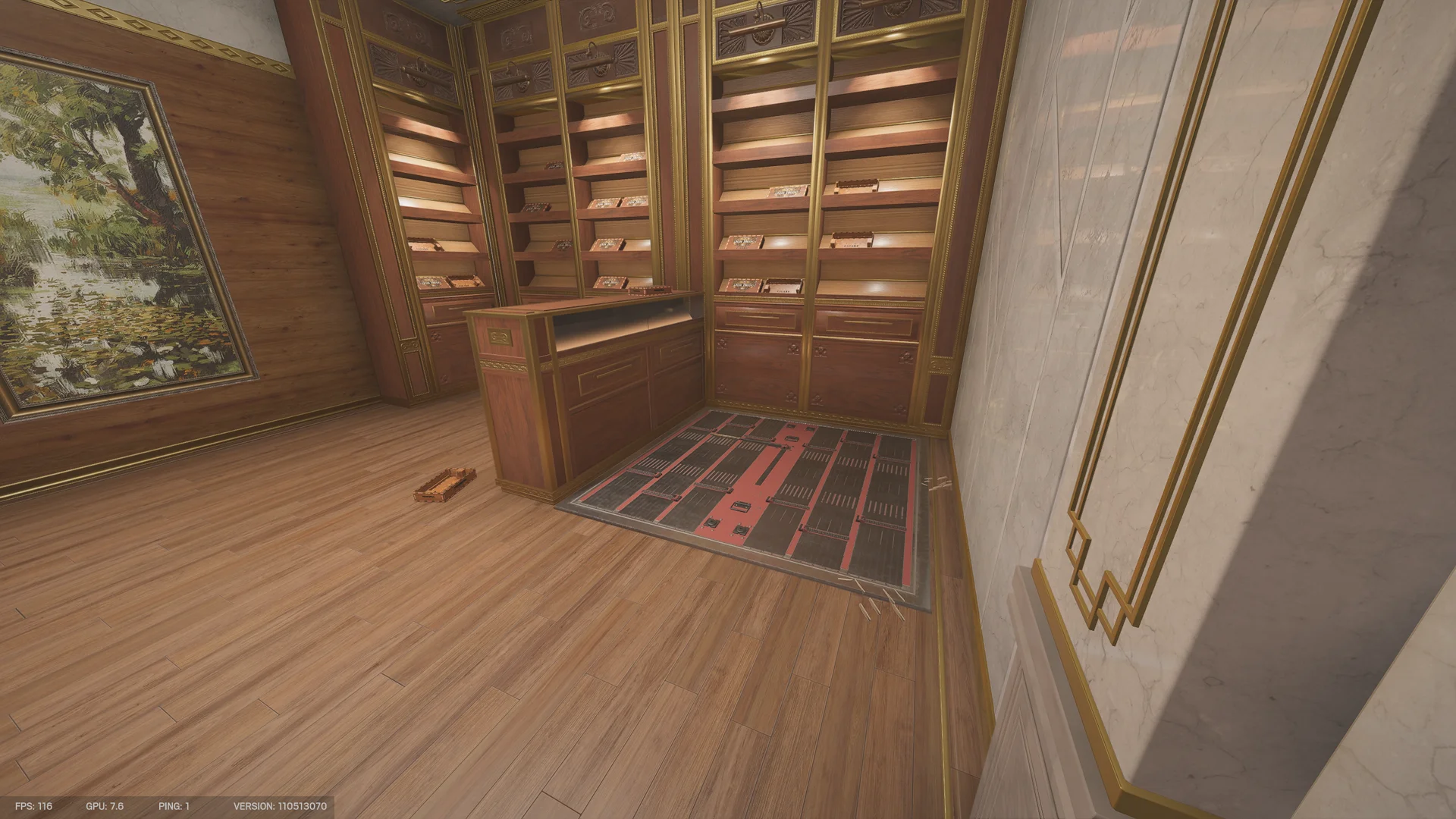 Wood-paneled shop room on Calypso Casino with lit shelves of small boxes, a counter, and a reinforced floor hatch